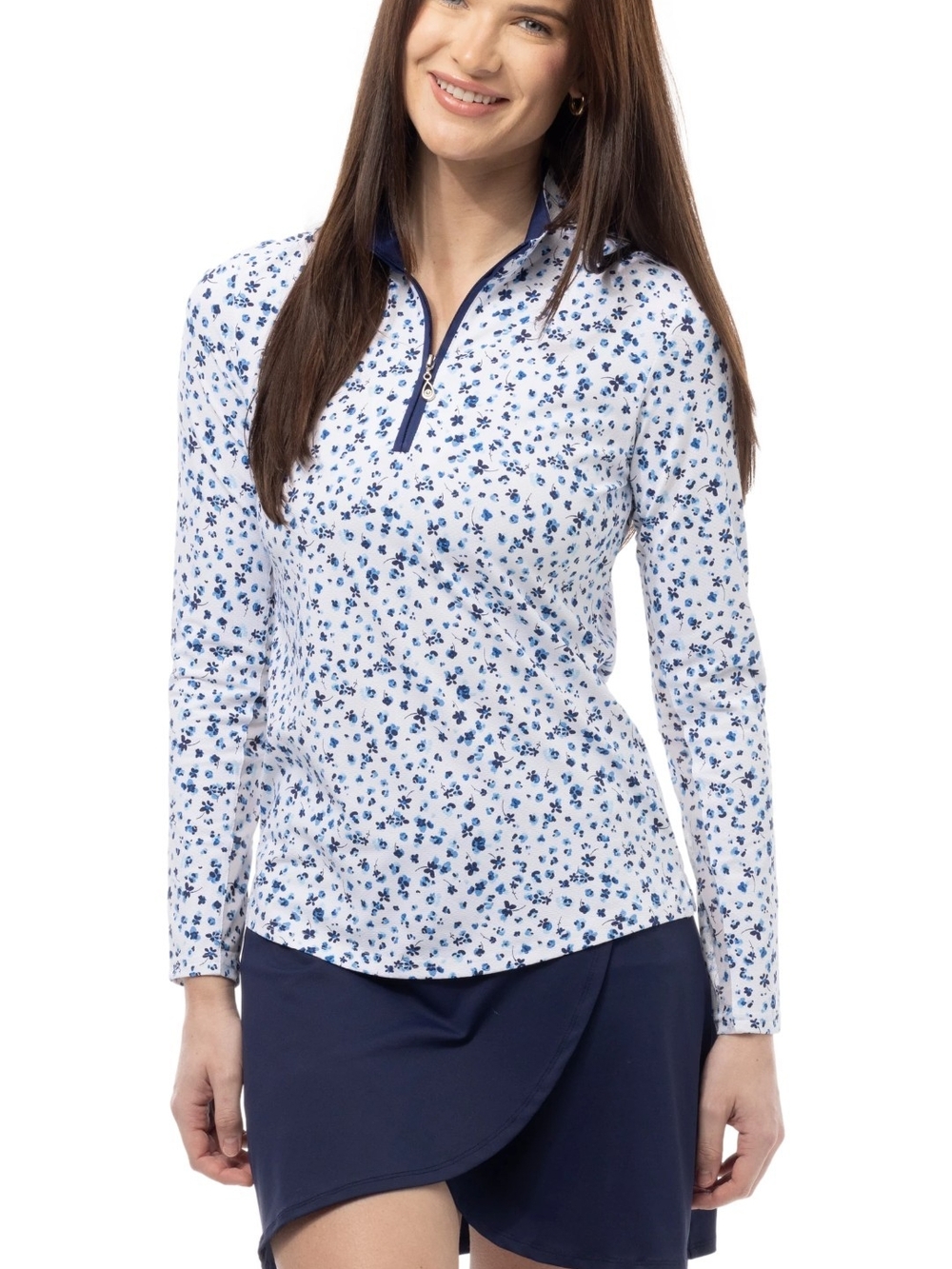SanSoleil Women's Long-Sleeve Half-Zip Floral Top in White and Blue Clover